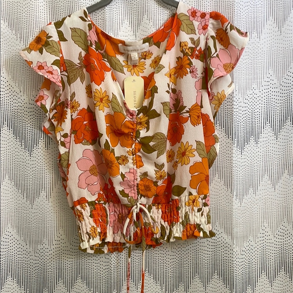 Orange and Pink Blouse with Flutter Sleeves and Tie Front